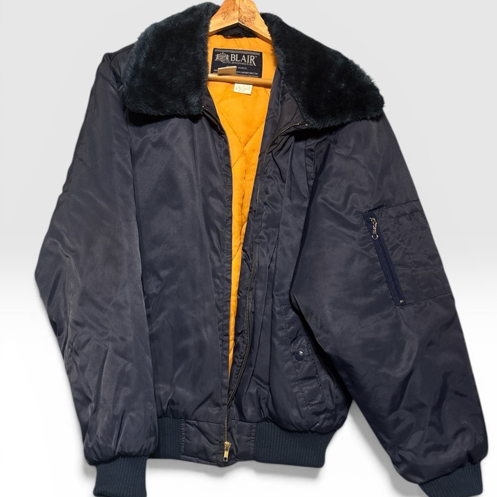 Blair Navy Bomber Jacket with Black Faux-Fur Collar and Gold Lining